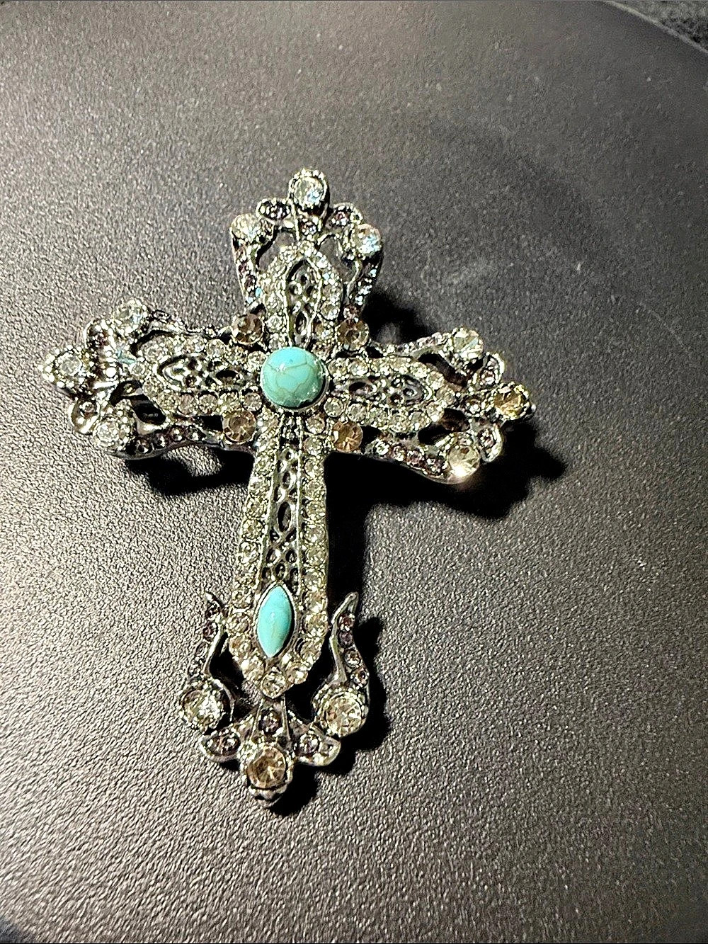 Ornate Cross Brooch in Silver & Blue